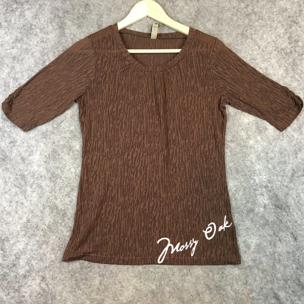 Mossy Oak Top M Womens 3/4 Sleeve Burnout Brown Camo Tree Scoop Neck Pleats Knit